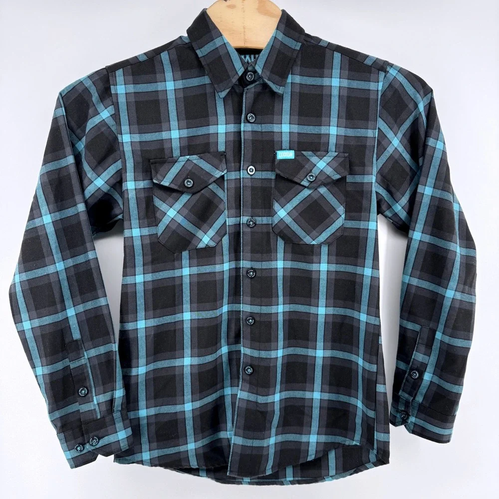 Dixxon Flannel Co Union Square Mens Small Teal Black Plaid D-Tech Flannel Shirt